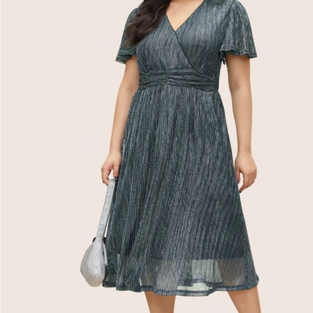 Glitter Mesh Surplice Neck Ruffle Sleeve Pocket Midi Dress- BLUE Size 12